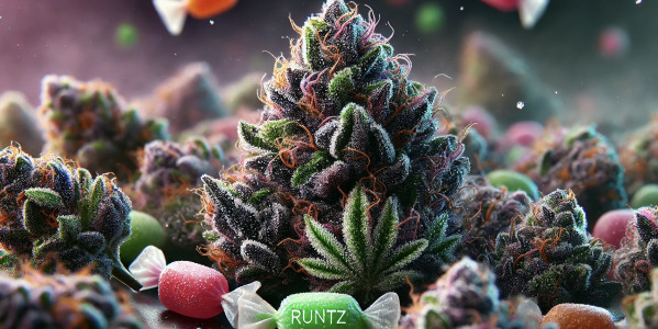 Runtz cannabis strain bud with purple hues, frosty trichomes, and candy aroma – premium hybrid marijuana strain